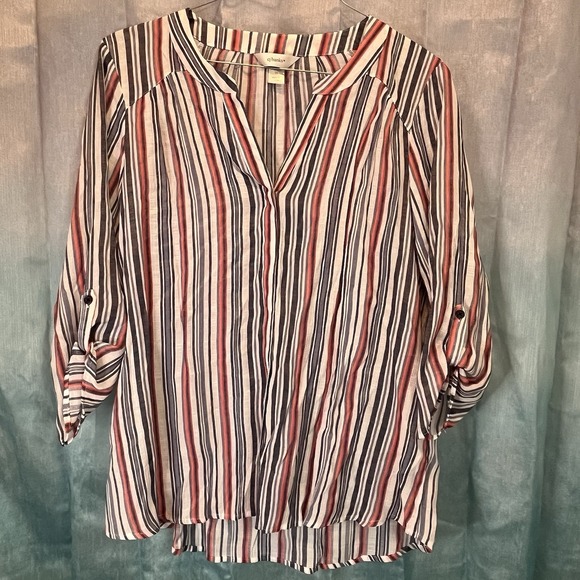 CJ Banks Tops - Women's CJ‎ Banks red-white-blue Striped 3/4 Sleeve Veck Button Tunic Top 1X